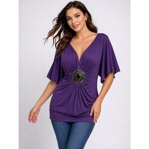 1083 Small Boho Purple Tunic Top V Neck Batwing Sleeve Ruched Medallion Stretch